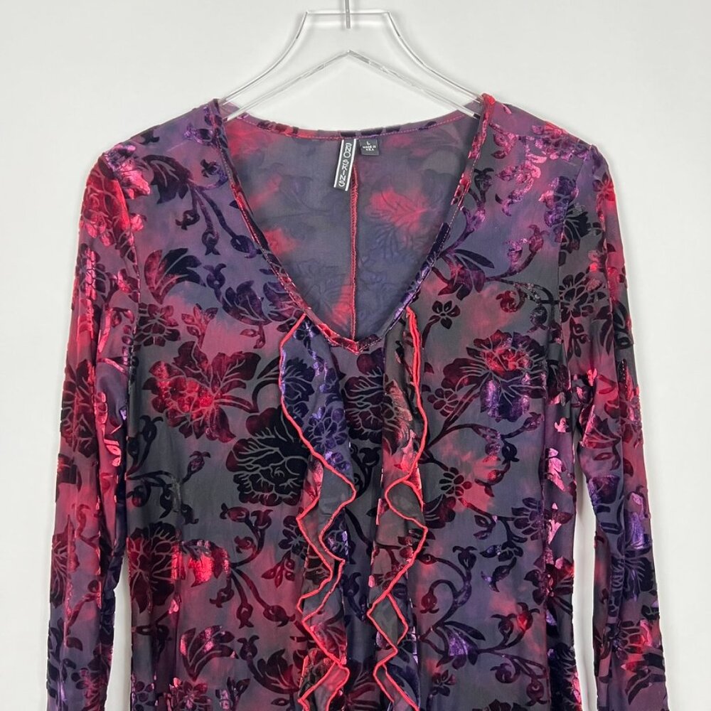 Snoskins Blouse Womens Large Black Red Purple Sheer Velvet Burnout Floral Ruffle - Picture 2 of 11